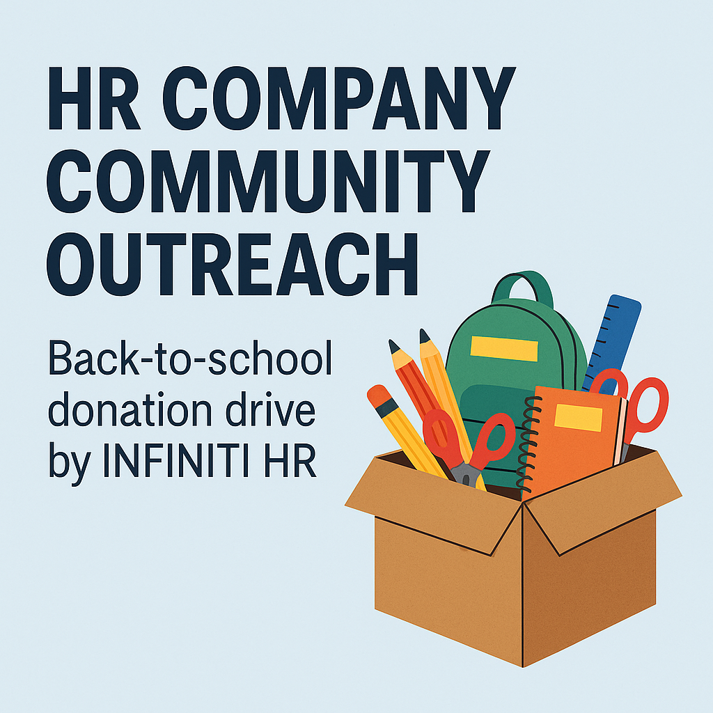 Back to school donation drive infographic showing supplies collected by INFINITI HR