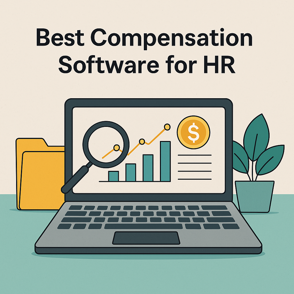 HR dashboard displaying compensation software insights with salary graph, financial analysis, and reporting visuals