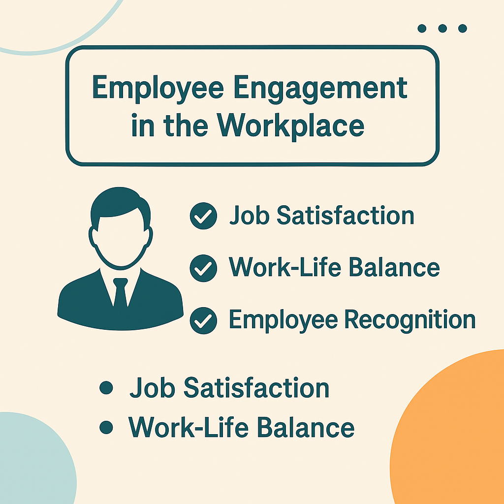 Graphic highlighting key aspects of employee engagement in the workplace like job satisfaction and recognition