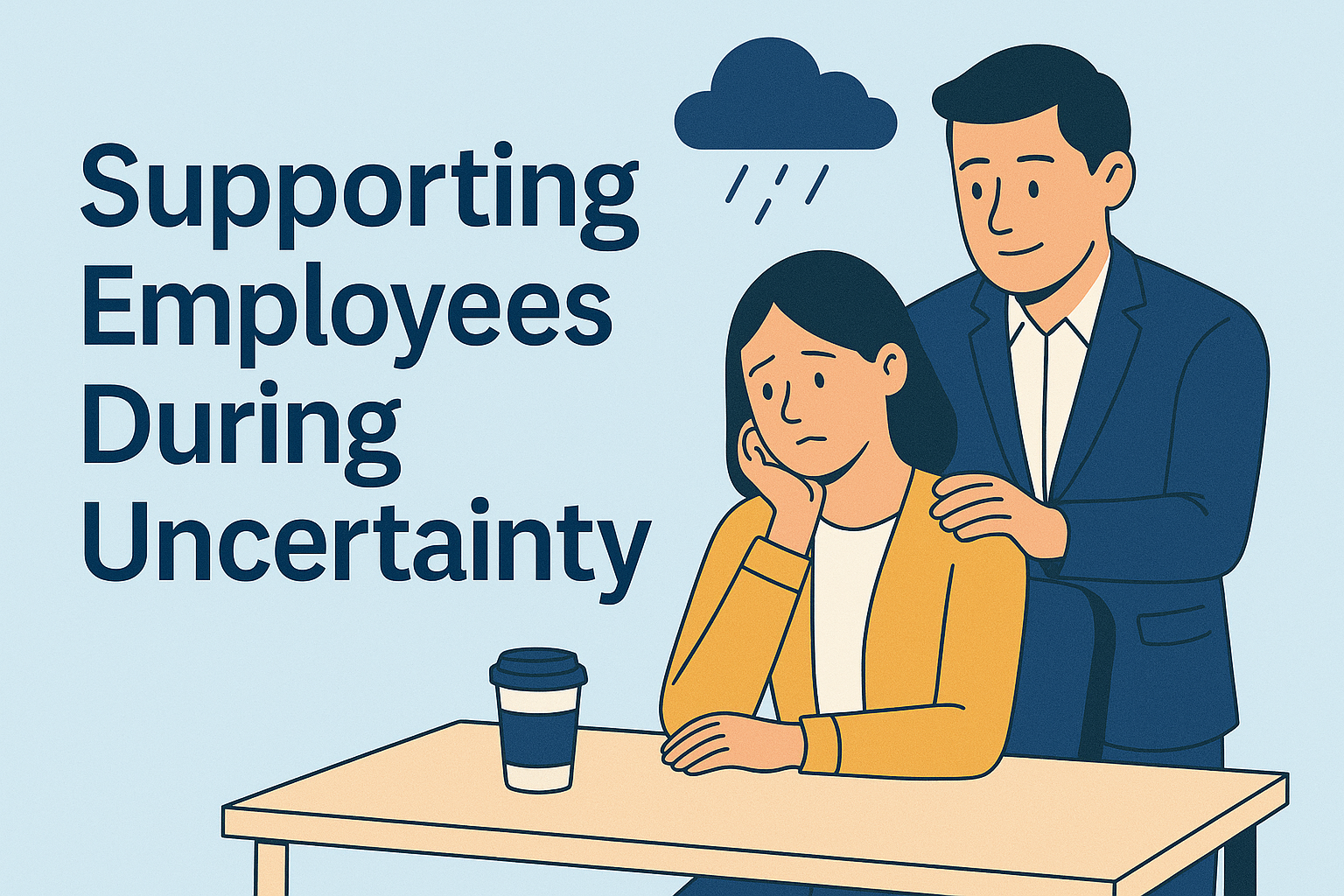 Visual of supporting employees through change during workplace uncertainty, with a manager providing emotional support