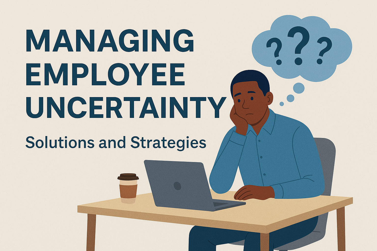 Managing employee uncertainty with remote work challenges shown through body language and question marks